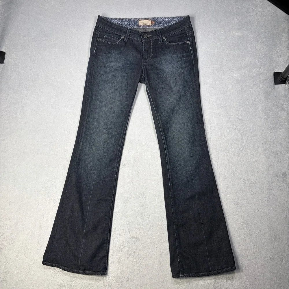 Paige Laurel Canyon Bootcut Jeans Women Size 27 Dark Blue Distressed+Stretch
